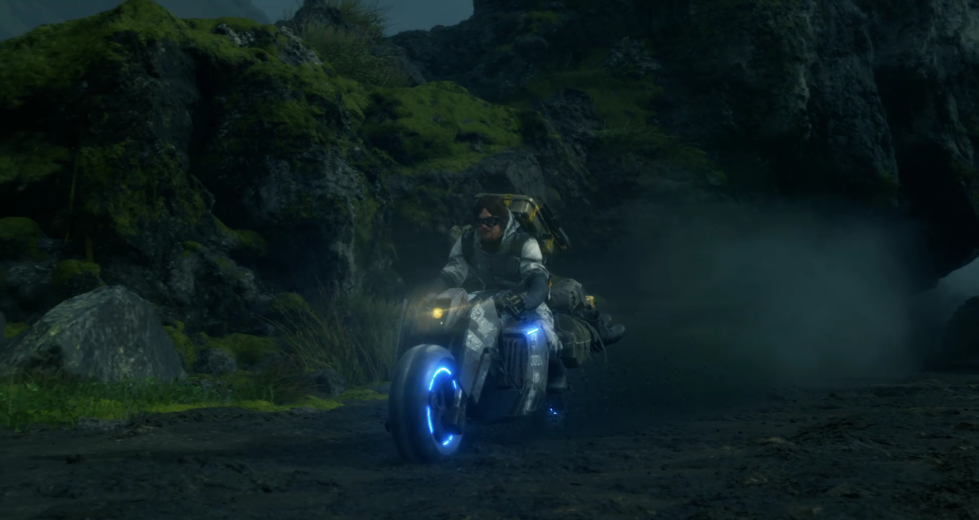 Sam from Death Stranding on a futuristic looking motorcycle