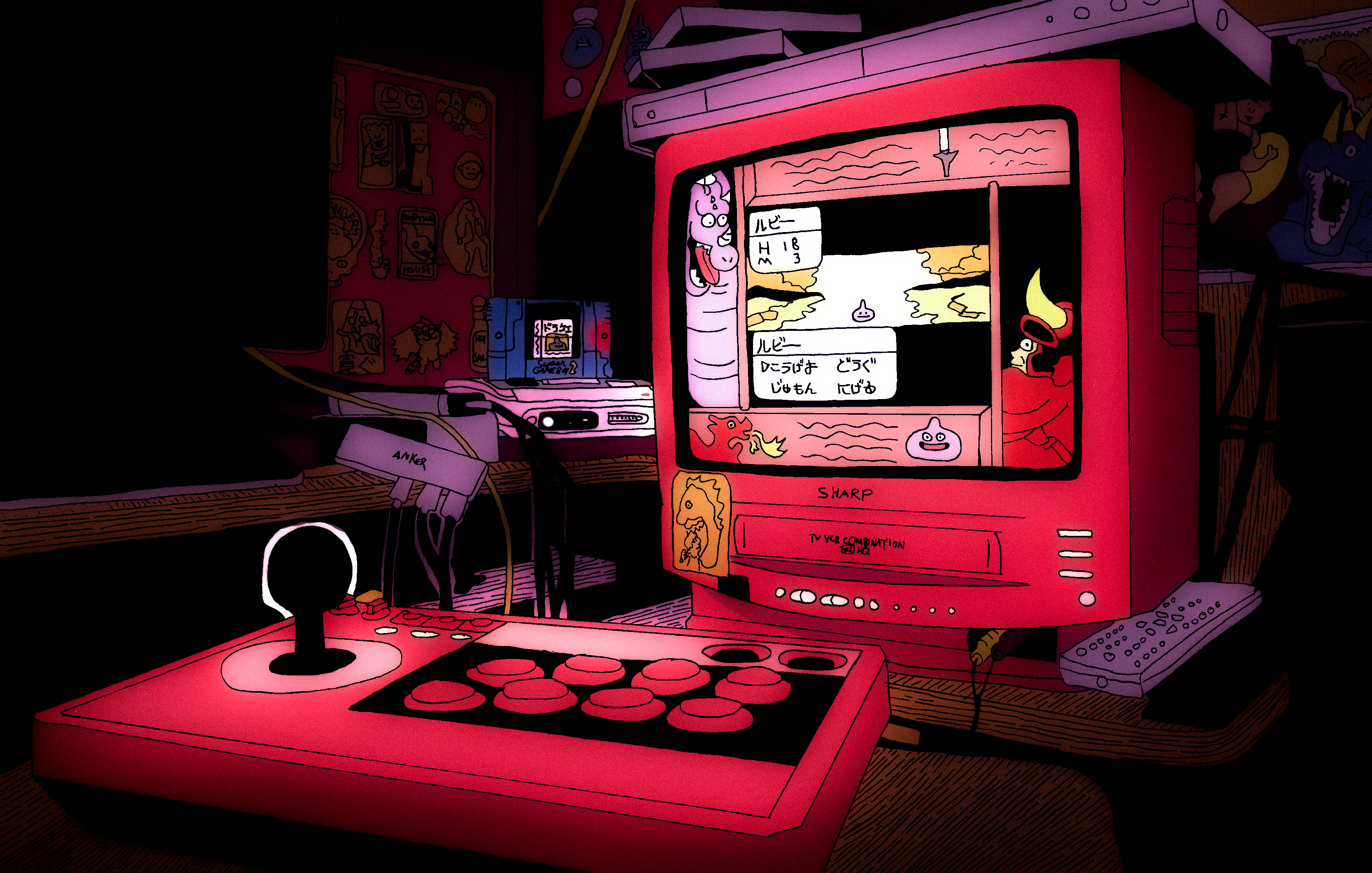 a drawing of a wireless arcade stick in front of a CRT television, the lighting is moody, a super famicom with a super game boy 2 is in the background and the CRT is displaying Dragon Quest 1 for game boy 