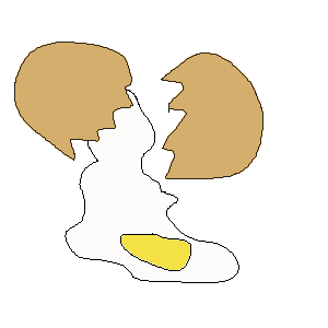 a crude drawing of an egg cracking with the white and yolk spilling out