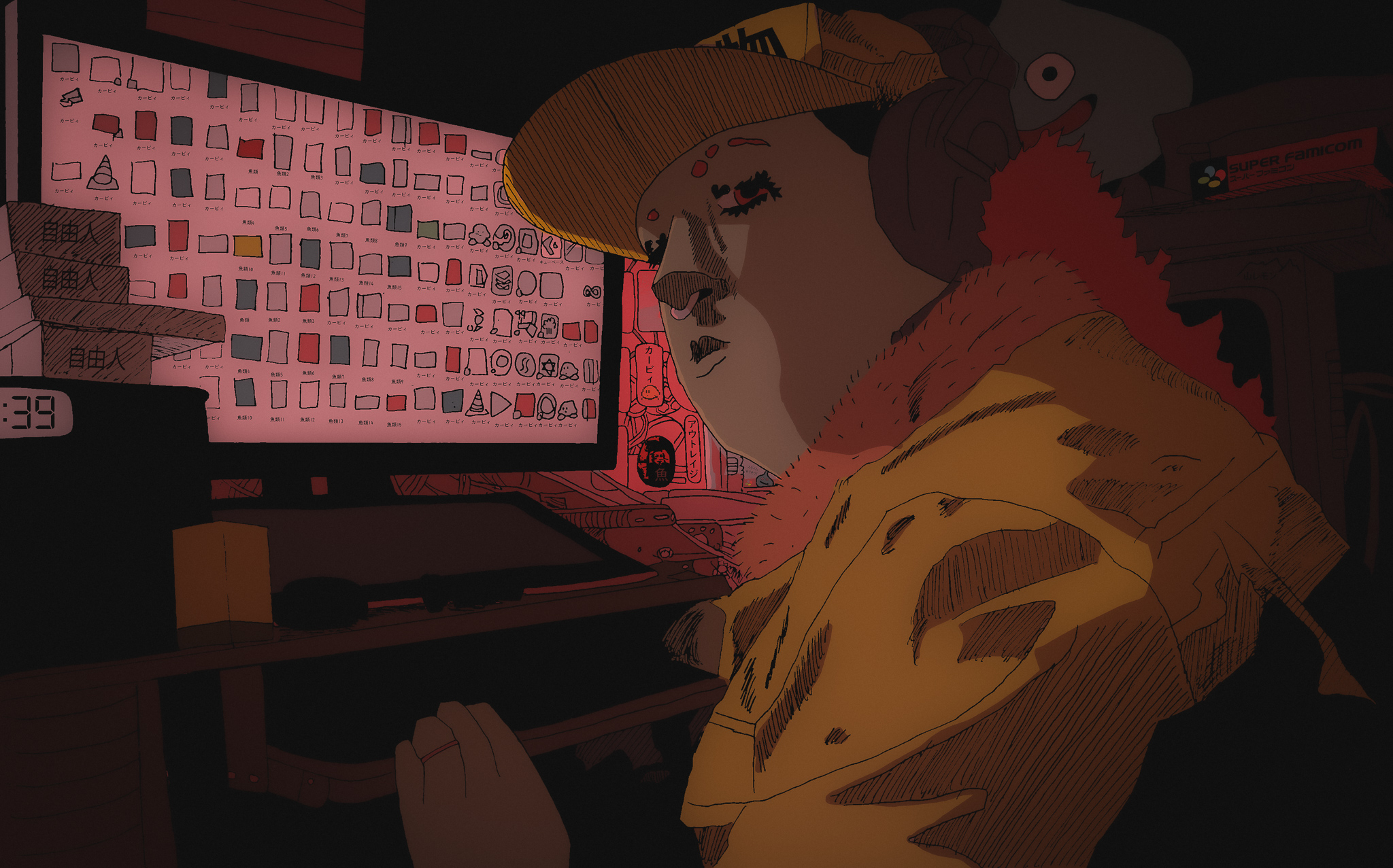 illustration of a goblin in front of a computer with a dreamy mood lighting
