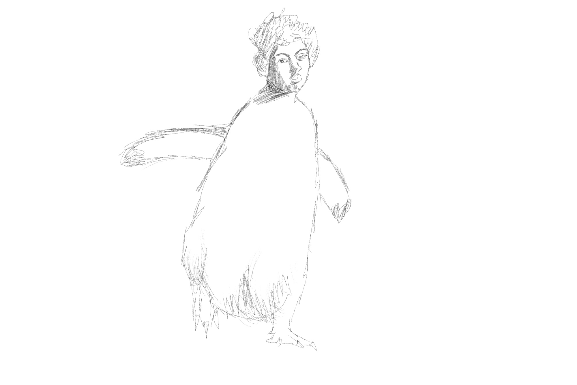 a drawing of a penguin with a human head
