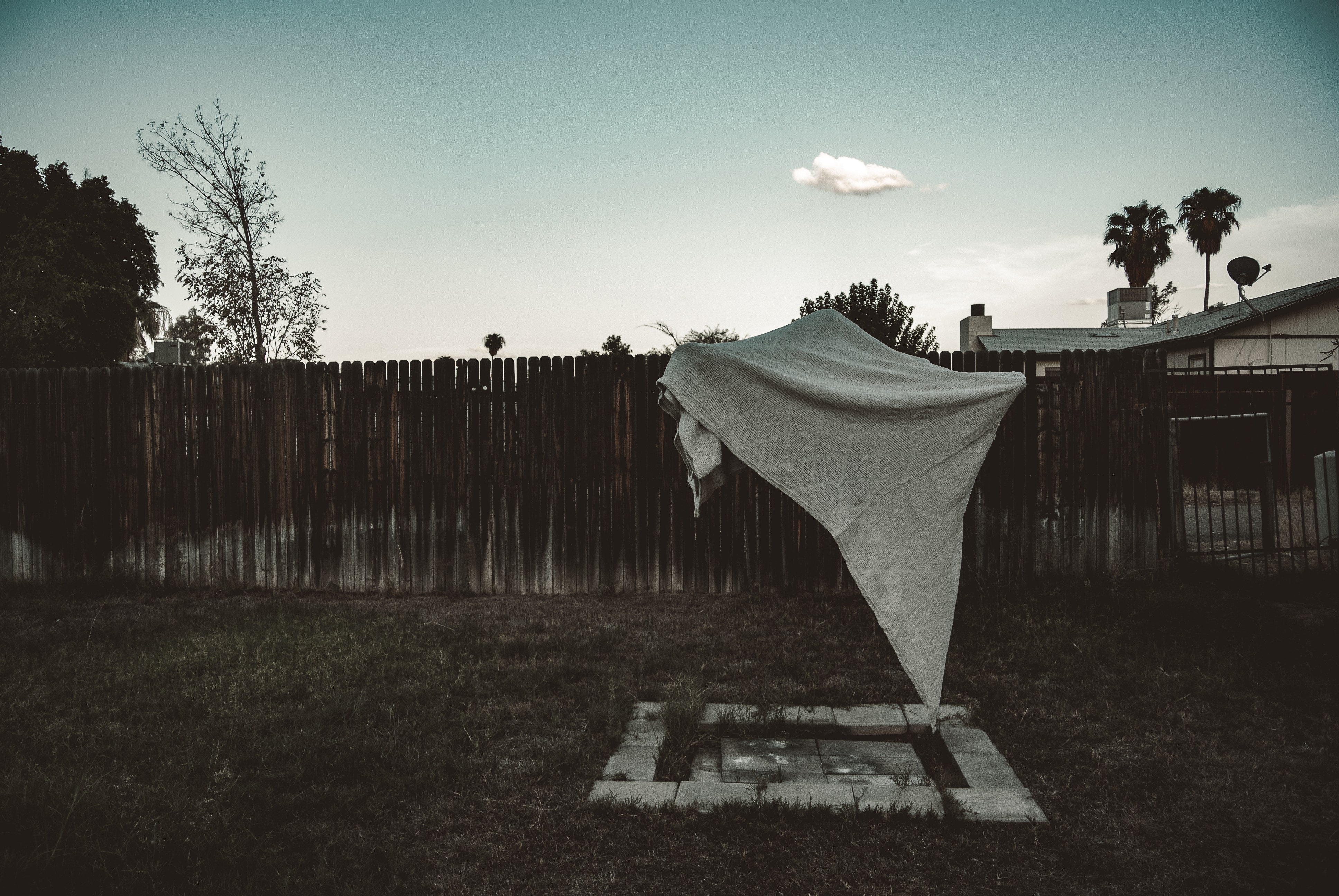 a photograph of a sheet in a yard floating in mid air