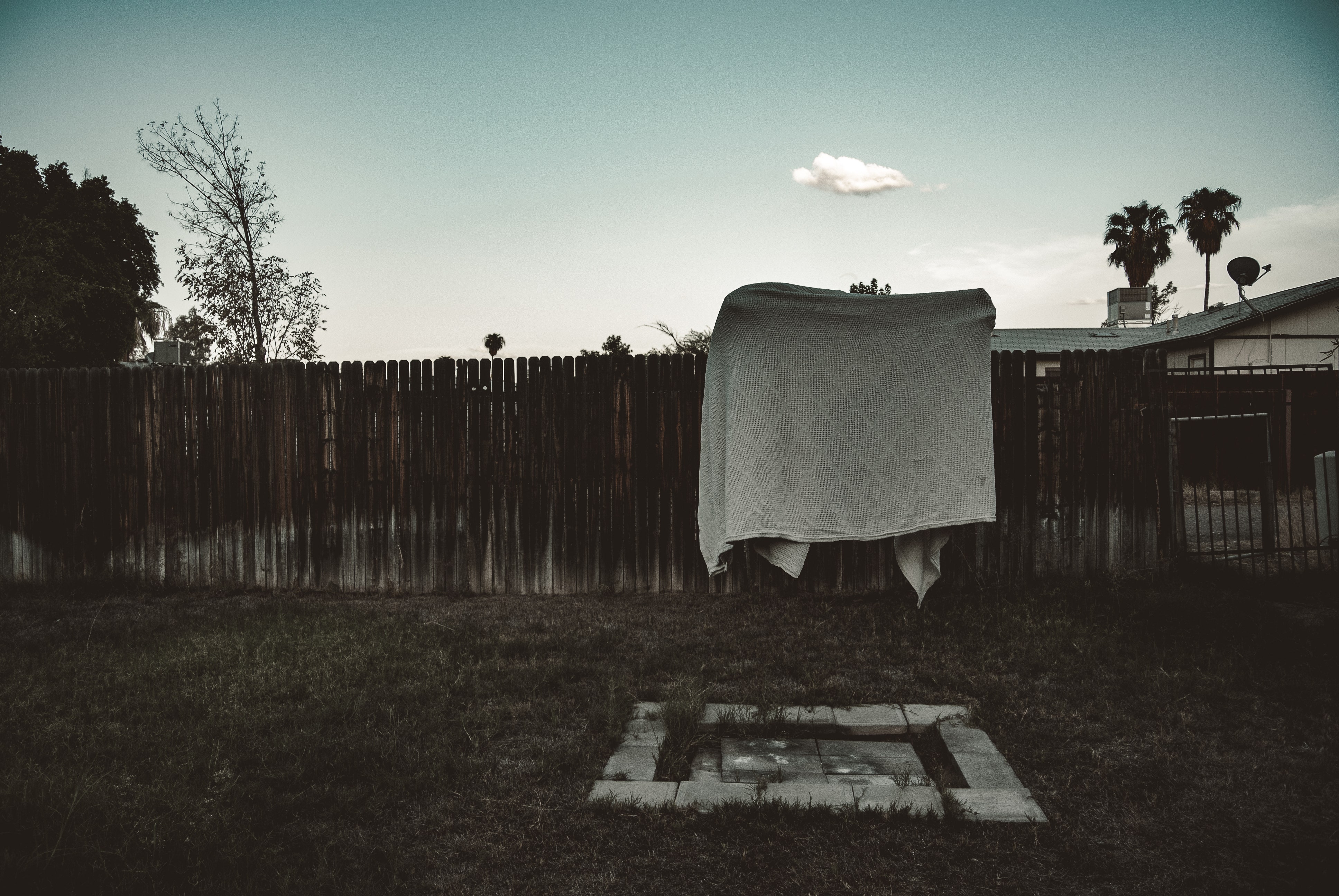 a photograph of a sheet in a yard floating in mid air in a different shape