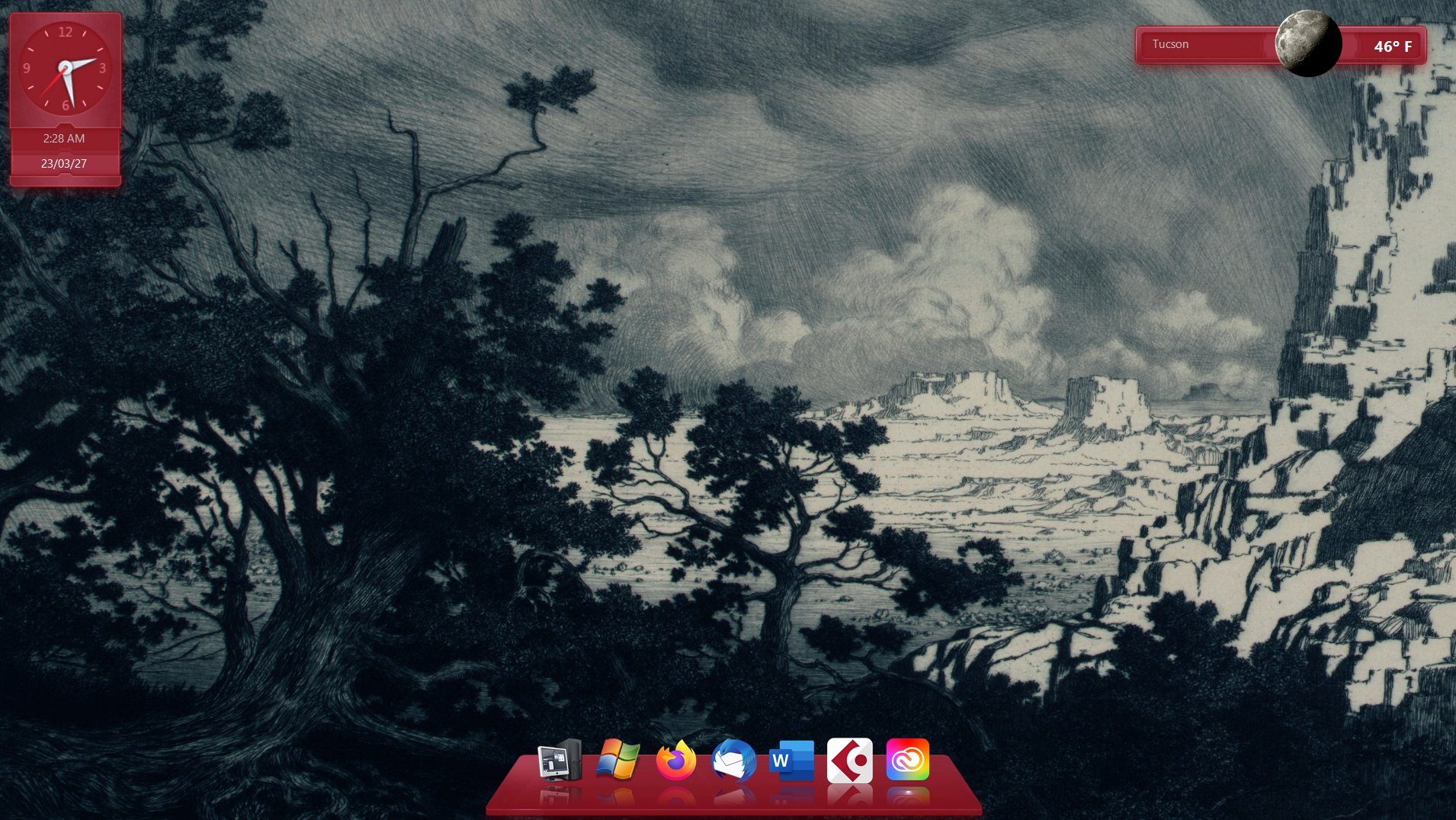 windows 10 desktop only featuring a dock, a clock, and the weather, the background is a cropped version of The Edge of the Desert, Arizona by George Elbert Burr which is a landscape drawing of some trees overlooking the desert and it's cloudy