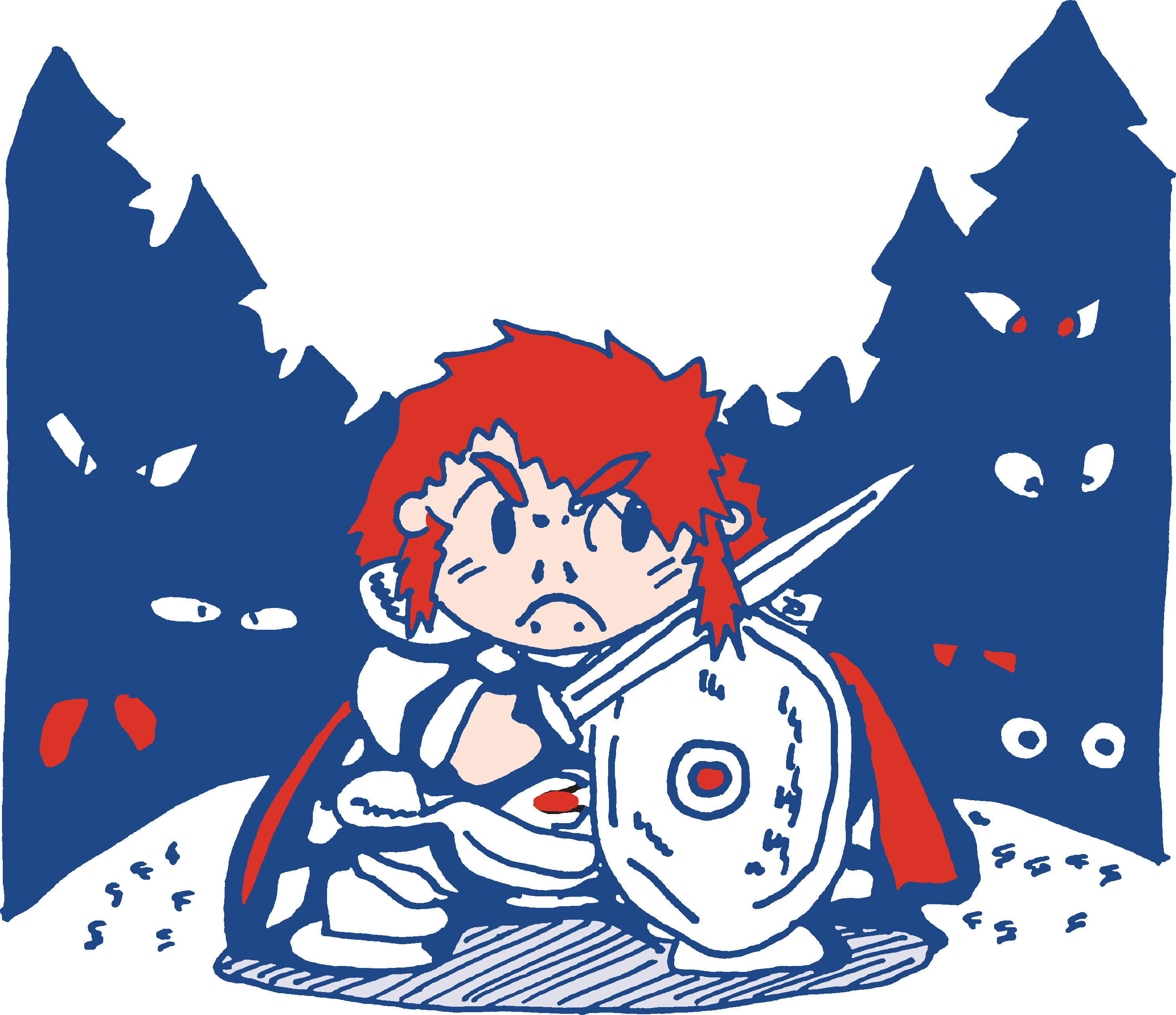 a drawing of ruby as the hero from dragon quest in the style of akira toriyama, ruby is standing with a sword and shield on guard in a forest with the eyes of many monsters peering out from the trees