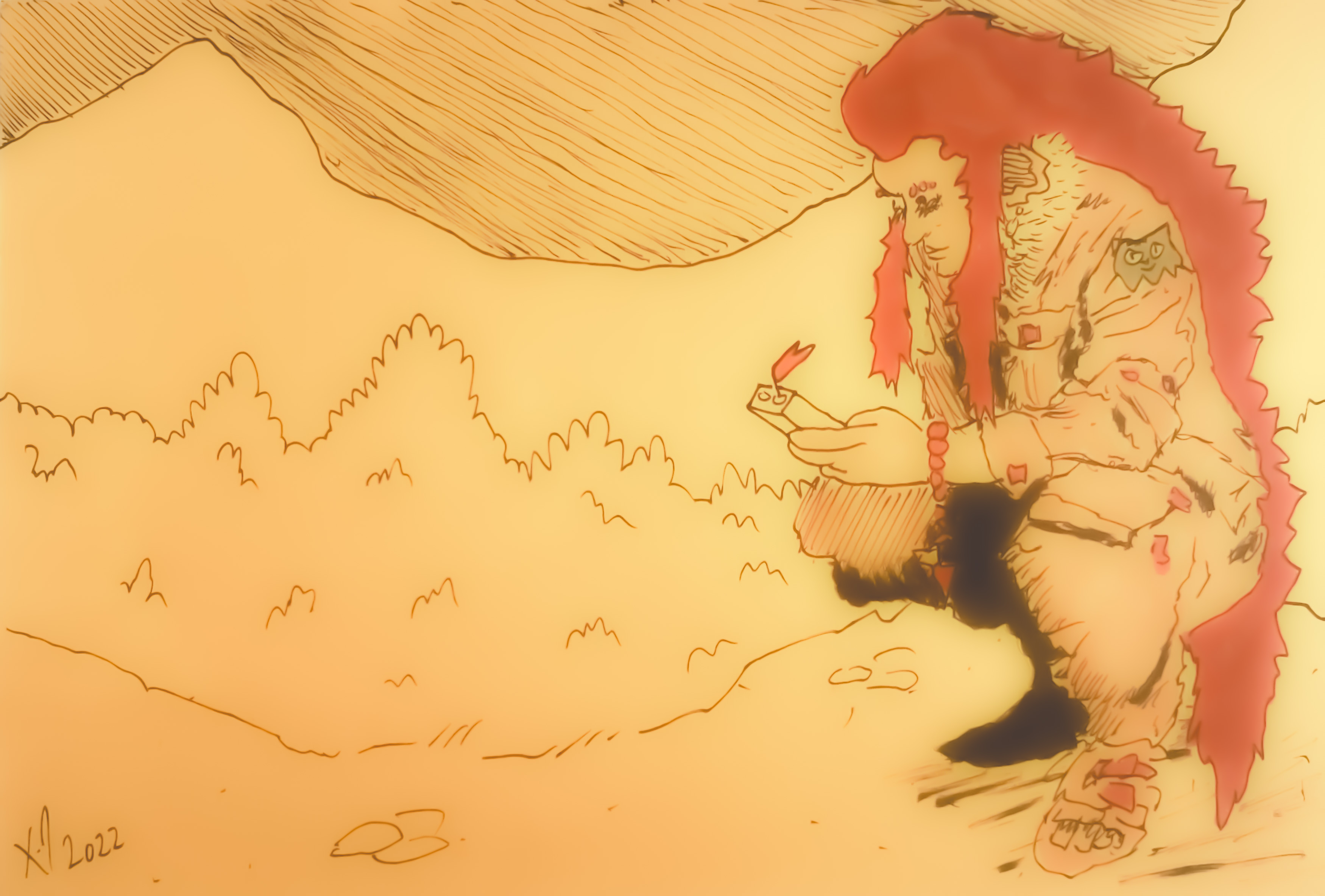 a goblin is crouched down in the desert with some sort of device, scanning the area perhaps, the goblin's long body length hair is red and clothes are orange, and the background is a bright desaturated orangey yellow color, the image is soft and glowing