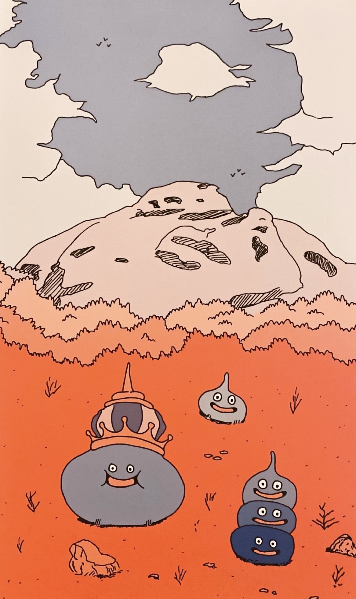 a drawing of a dragon quest slime, a king slime, and a slime stack in front of a mountain