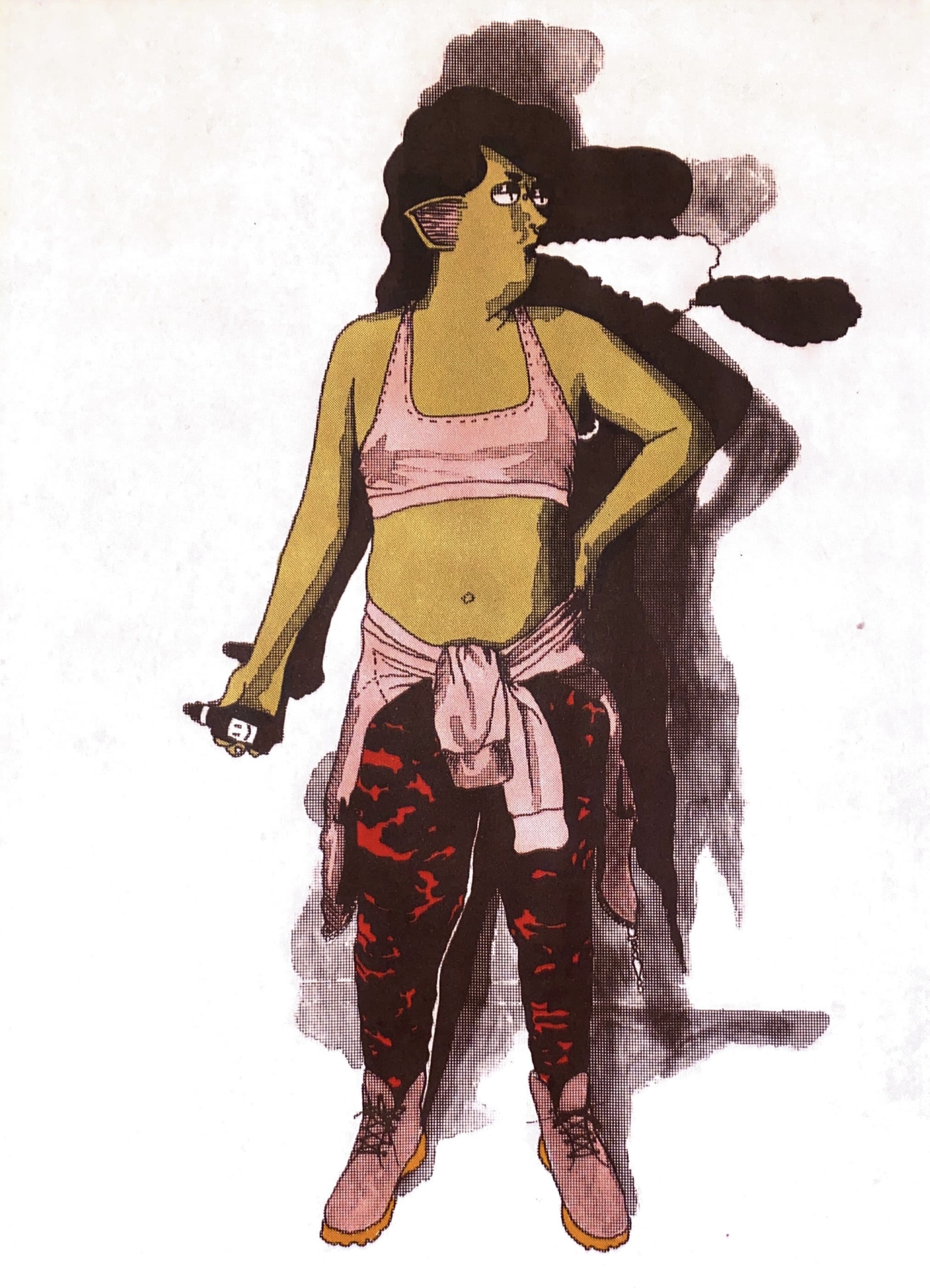 a goblin wearing a sports bra and joggers with a sweater tied around her waist up against the implication of a brick wall, as seen in the shadows of the image, she's exhaling after hitting a tank mod vape, the shadows and blacks have a cross style halftone pattern, and the colors are warm greens and pinks and red